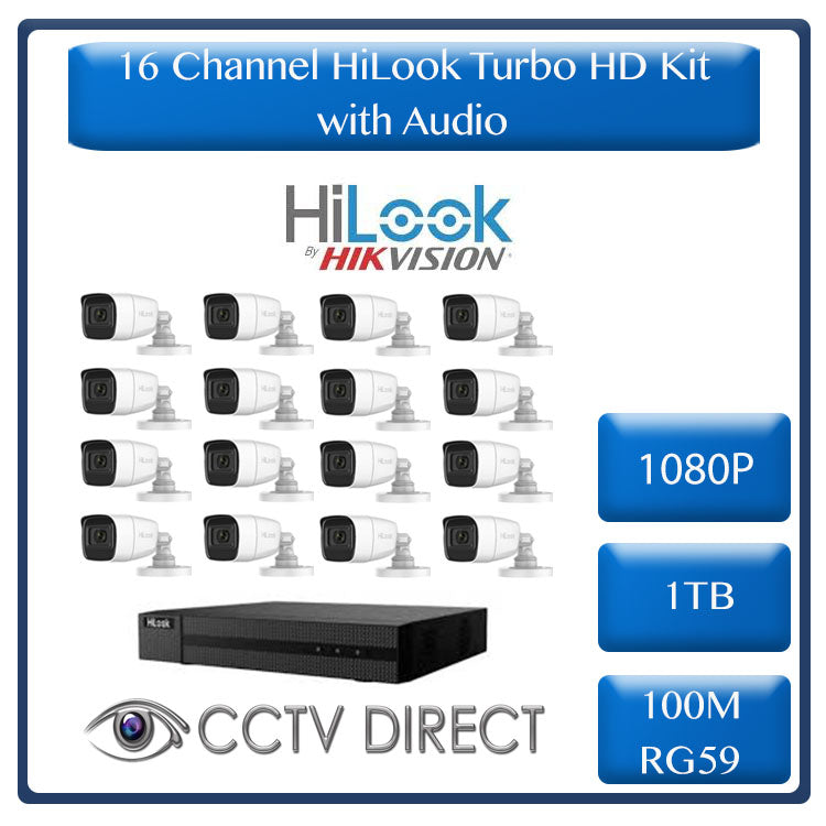 ** System with Audio ** HiLook by Hikvision 16ch Turbo HD kit - DVR - 16 x HD1080P Camera - 20M Night vision - Audio - 1TB HD - 100m Cable
