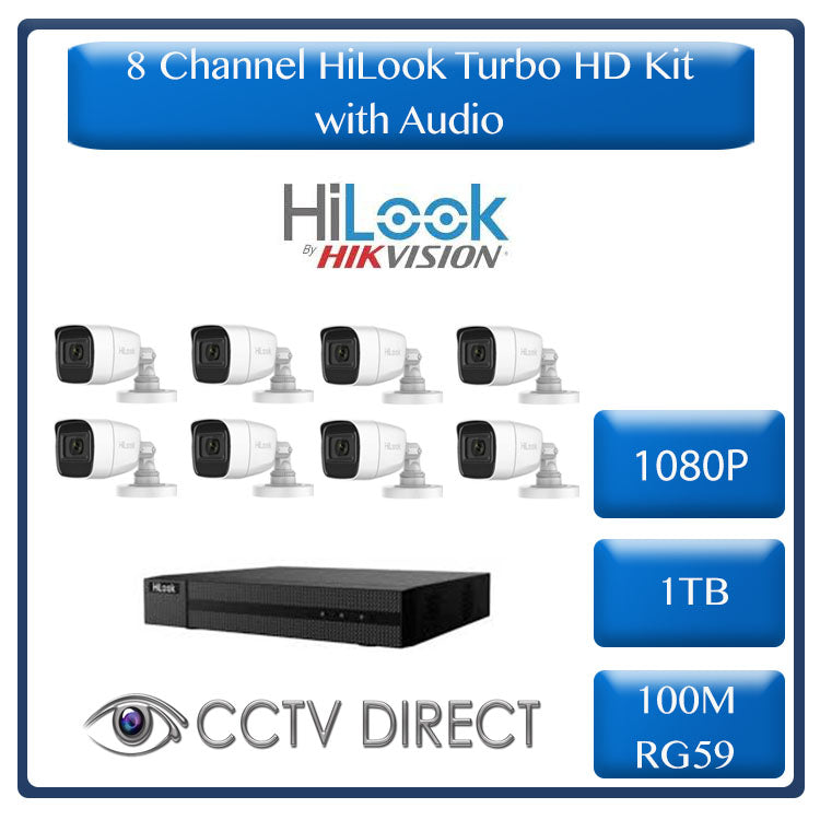 ** System with AUDIO ** HiLook by Hikvision 8ch Turbo HD kit - DVR - 8 x HD1080P Camera - 20M Night vision - Audio - 1TB HD - 100m Cable