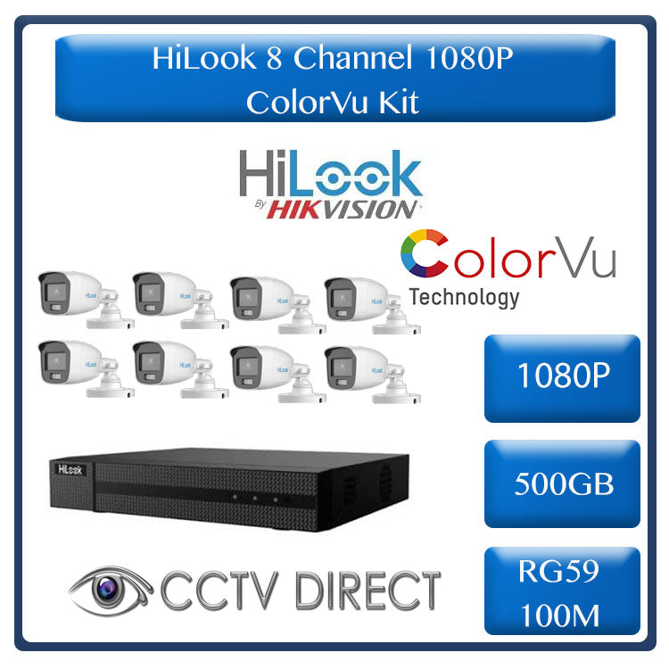 Colour Night vision - Hilook by Hikvision 8ch Turbo HD kit - 8 x 1080p ColorVu cameras - 20m Full colour night vision - 500GB HDD - 100m Cable