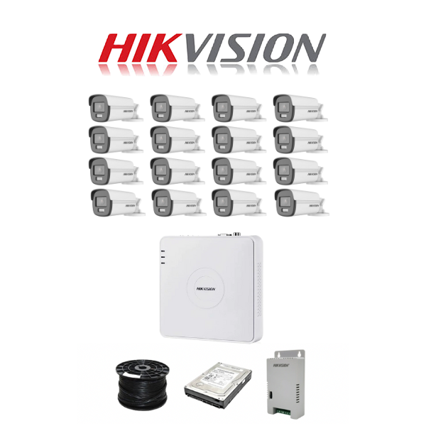 Hikvision 16ch Turbo HD Kit - HD DVR - 16 x 1080p ColorVu cameras - 40m Full colour night vision - 1TB HDD - 100m Cable