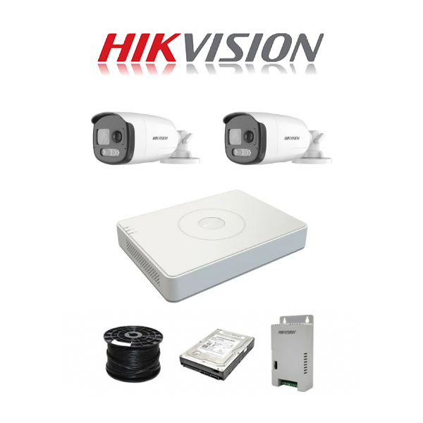 HikVision 16 Ch Acusense Turbo HD Kit - 16ch Acusense DVR - 2 x ColorVu camera with Alarm and strobe light - 40m Night Vision - 1TB - 100m Cable