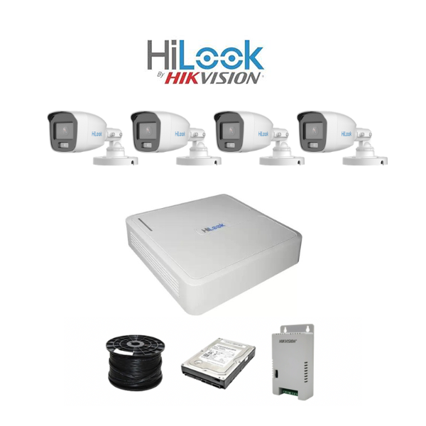 Colour Night vision - Hilook by Hikvision 4ch Turbo HD kit - 4 x 1080p ColorVu cameras - 20m Full colour night vision - 500GB HDD - 100m Cable