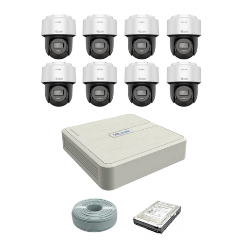 NEW! HiLook by Hikvision 4MP IP Pan Tilt Camera Kit - 8ch NVR with 8 POE - 8 x 4 MP IP Pan Tilt 0X DarkFighter IR Network Speed Dome - 1TB HDD - 100m Cat5 cable