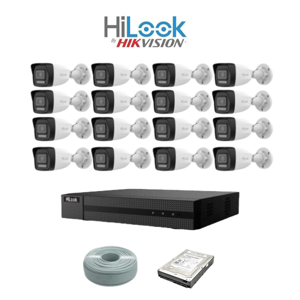 HiLook by Hikvision 16 Ch 2MP IP AUDIO camera kit - 16ch NVR with 16 POE - 16 x 2MP IP cameras 30m IR - 2TB HDD - 305m Cat5 cable