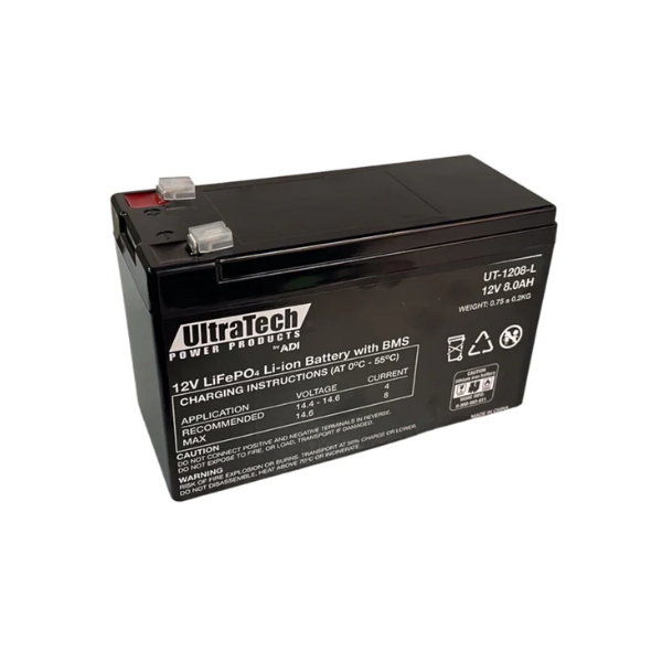 UltraTech UT-1208-L LifeP04 12.8V, 8Ah Lithium Battery with BMS