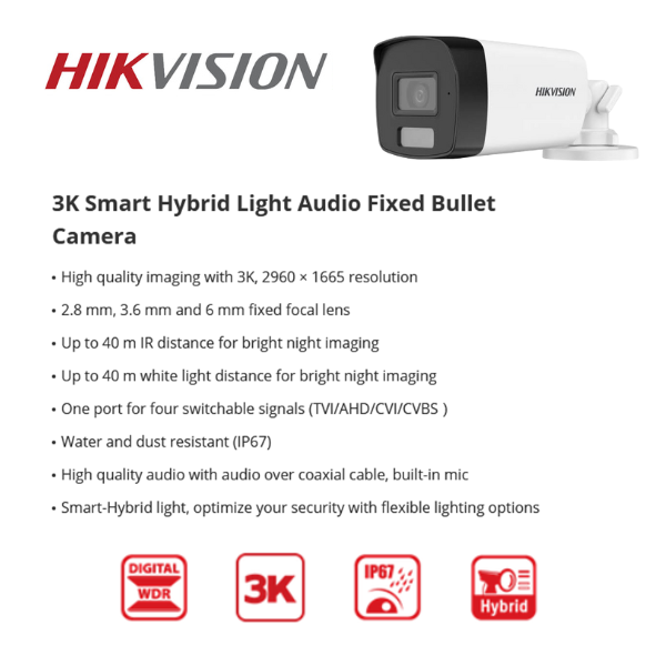 Hikvision 4ch 5MP Turbo HD kit - HD DVR - 4 x 3K 5MP Smart Hybrid Light Audio Camera - 1TB HDD - 100m Cable - 40m Night vision