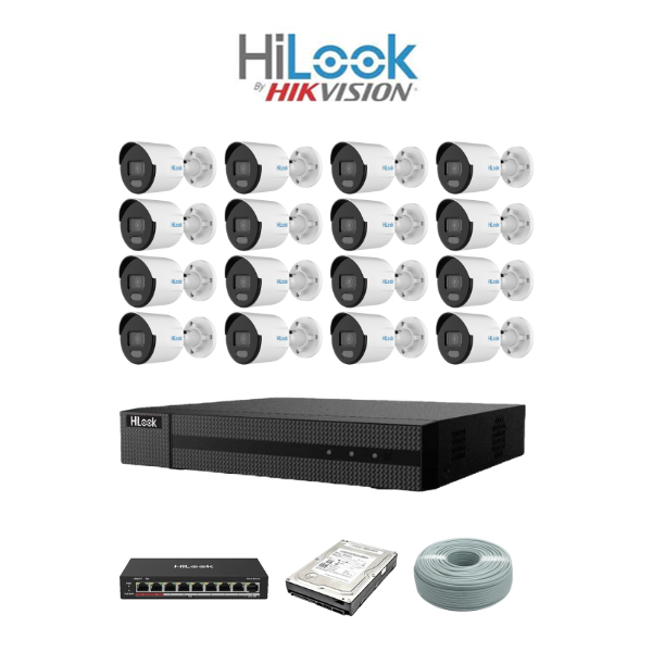 HiLook by Hikvision 16ch ColorVu IP Kit - 16ch NVR - 16 x 4MP IP ColorVu bullet cameras 30m Night vision, 4TB HDD, 305m Cable