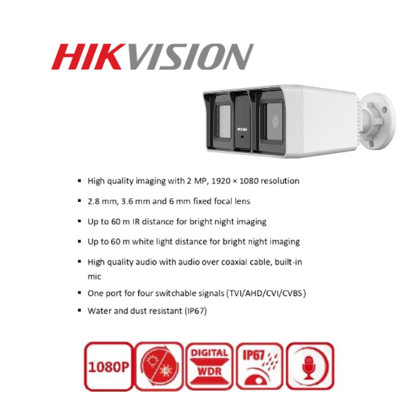 NEW! HikVision 4 Ch Turbo HD Kit - Embedded DVR - 4 x Hikvision 2MP Smart Hybrid Light Audio Camera 60M Night Vision - 500GB HD - 100m Cable