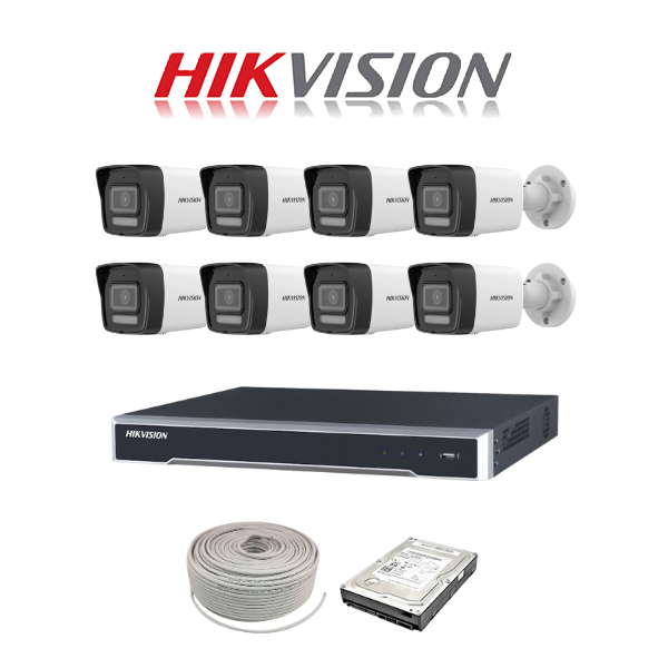 Hikvision 4MP Smart Hybrid IP camera kit - 8ch 4K NVR - 8 x 4MP IP cameras - 1TB HDD - 100M cable - 30M Night vision