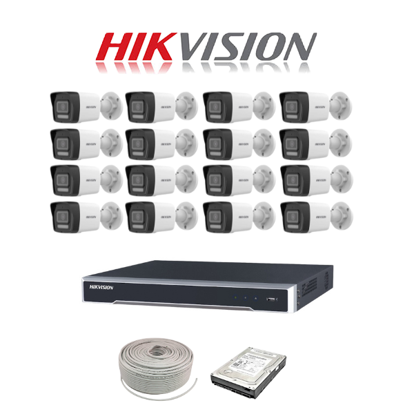 Hikvision 4MP IP Smart Hybrid camera kit, 16ch NVR with 16 POE, 16 x Hikvision 4MP IP bullet cameras 30m IR, 2TB HDD, 300m cable