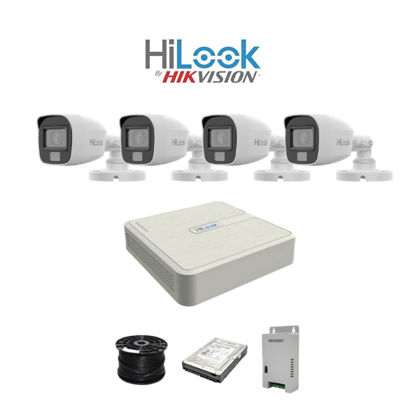 HiLook 2MP Dual Smart-Hybrid Light 4ch Turbo HD kit - DVR - 4 x HD1080P Hybrid Light Camera - 20M Night vision - 500GB HD - 100m Cable