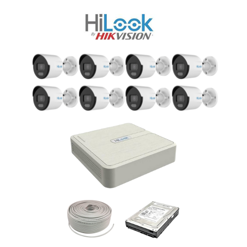 HiLook by Hikvision 8ch ColorVu IP Kit - 8ch NVR - 8 x 2MP IP ColorVu bullet cameras 30m Night vision, 2TB HDD, 100m. Cable