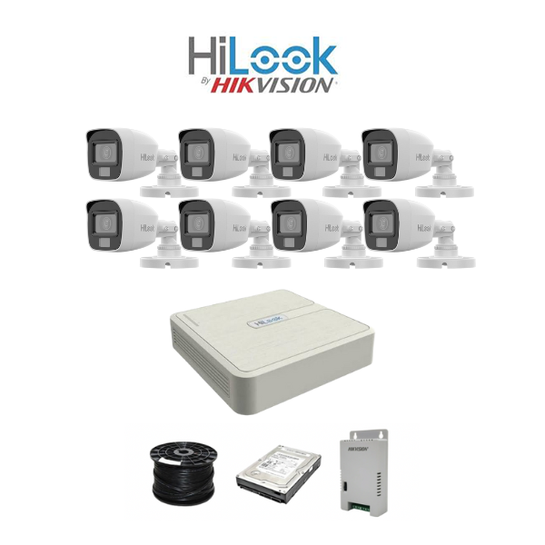 HiLook 2MP Dual Smart-Hybrid Light 8ch Turbo HD kit - DVR - 8 x HD1080P Hybrid Light Camera - 20M Night vision - 500GB HD - 100m Cable