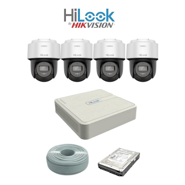 NEW! HiLook by Hikvision 4MP IP Pan Tilt Camera Kit - 8ch NVR with 8 POE - 4 x 4 MP IP Pan Tilt 0X DarkFighter IR Network Speed Dome - 1TB HDD - 100m Cat5 cable