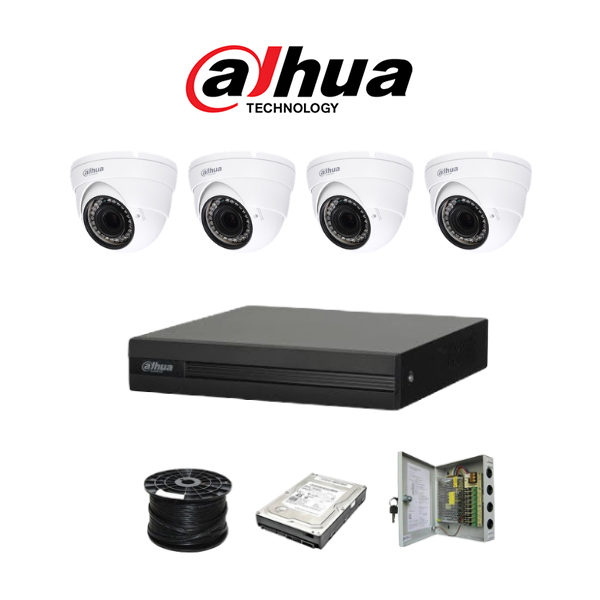 Dahua 4ch HDCVI kit - Pentra-Brid XVR - 4 x 1080P cameras - 20m Night vision - 500GB HDD - 100m cable | Indoor Domes