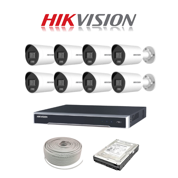 Hikvision 8ch IP ColorVu NVR kit - 8ch 4K NVR - 8 x 4MP IP ColorVu cameras - 2TB HDD -100m Cable - Colour Night Vision