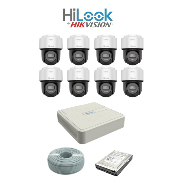 NEW! HiLook by Hikvision 4MP IP Pan Tilt Camera Kit - 8ch NVR with 8 POE - 8 x 4 MP IP Pan Tilt 0X DarkFighter IR Network Speed Dome - 1TB HDD - 100m Cat5 cable