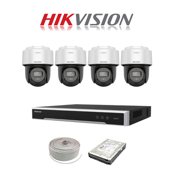 NEW! Hikvision 2MP IP Pan Tilt Camera Kit - 8ch NVR with 8 POE - 4 x 2 MP Fixed Outdoor Smart Hybrid-light PT Network Camera - 1TB HDD - 100m Cat5 cable