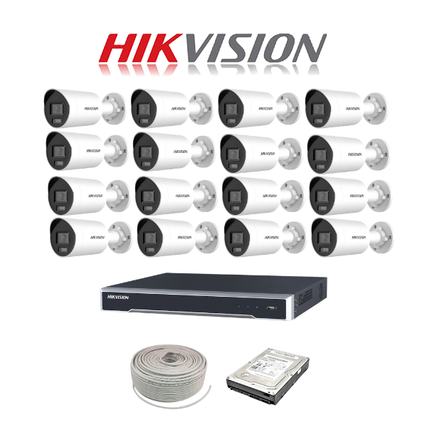Hikvision 16ch IP ColorVu NVR kit - 16ch 4K NVR - 16 x 4MP IP ColorVu cameras - 2TB HDD -100m Cable - Colour Night Vision