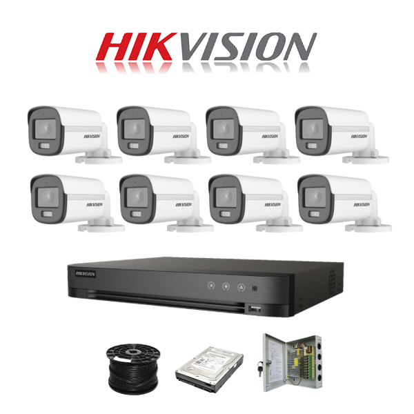 NEW! Hikvision 8 Channel 3K 5MP 20M ColorVu Kit | 8x 5MP SMART HYBRID Colorvu Cameras | 1TB HDD | 100m RG59