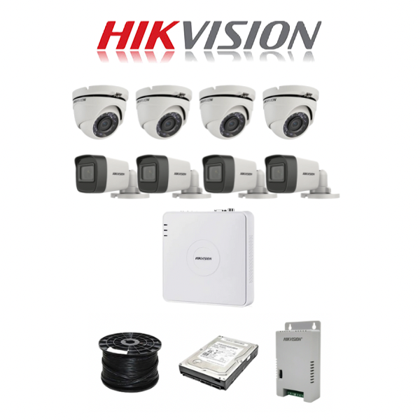 HikVision 8 Ch Turbo HD Kit - Embedded DVR - 4 x HD1080P Bullet Camera - 4 x HD1080P Dome cameras - 20M Night vision - 1TB HD - 100m Cable