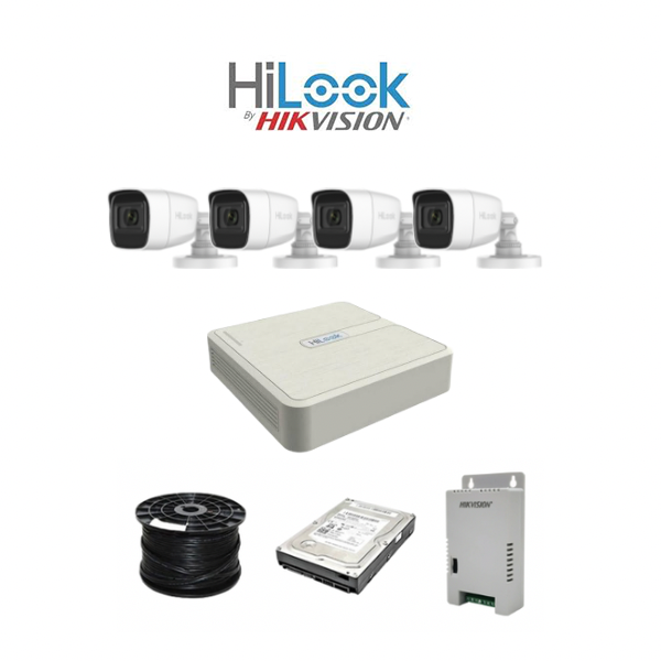 **System with AUDIO** HiLook by Hikvision 4ch Turbo HD kit - DVR - 4 x HD1080P Cameras with audio - 20M Night vision - 500GB HD - 100m Cable