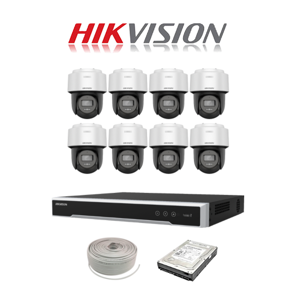 NEW! Hikvision 2MP IP Pan Tilt Camera Kit - 8ch NVR with 8 POE - 8 x 2 MP Fixed Outdoor Smart Hybrid-light PT Network Camera - 1TB HDD - 100m Cat5 cable