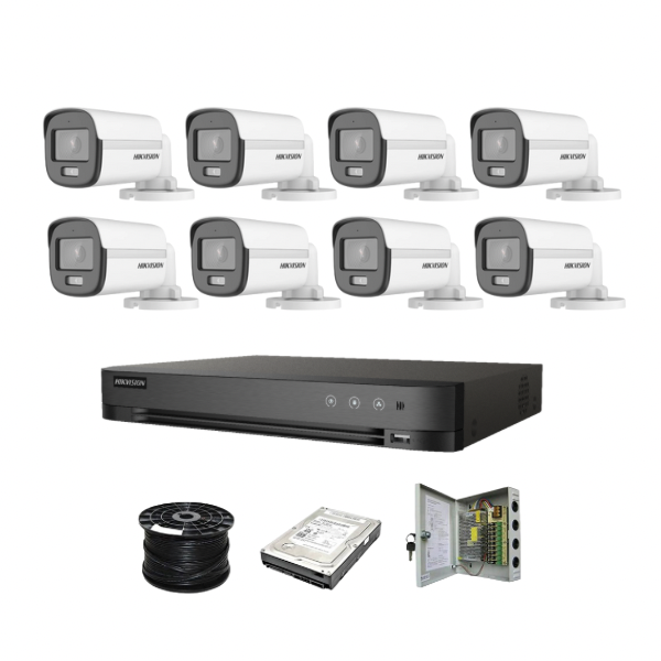 NEW! Hikvision 8 Channel 3K 5MP 20M ColorVu Kit | 8x 5MP SMART HYBRID Colorvu Cameras | 1TB HDD | 100m RG59