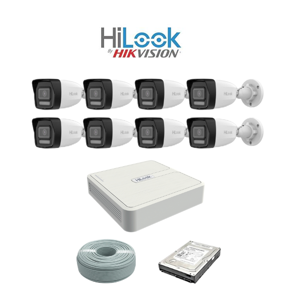 HiLook by Hikvision 2MP IP AUDIO camera kit - 8ch NVR with 8 POE - 8 x 2MP IP cameras 30m IR - 1TB HDD - 100m Cat5 cable