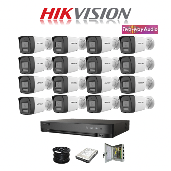 NEW! Hikvision 16ch Turbo HD kit - HD DVR - 16 x 2MP Two Way Audio & Siren Camera - 2TB HDD - 100m Cable - 20m Night vision