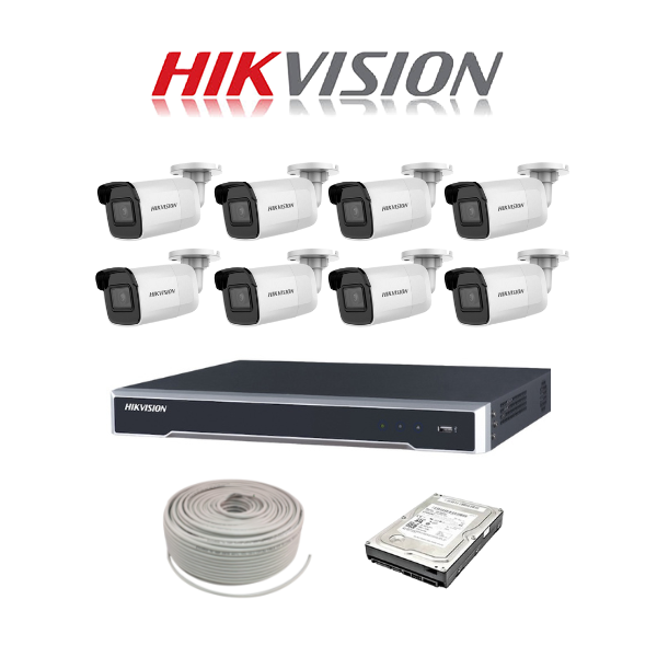 Hikvision 4MP IP camera kit - 8ch 4K NVR - 8 x 4MP IP cameras - 1TB HDD - 100M cable - 30M Night vision