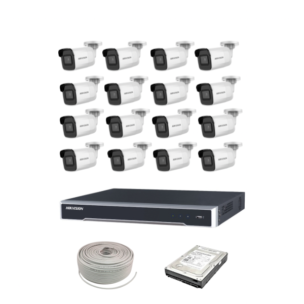 Hikvision 2MP IP camera kit, 32ch 4K NVR with 16 POE, 16 x Hikvision 2MP IP bullet cameras 30m IR, 4TB HDD, 300m cable