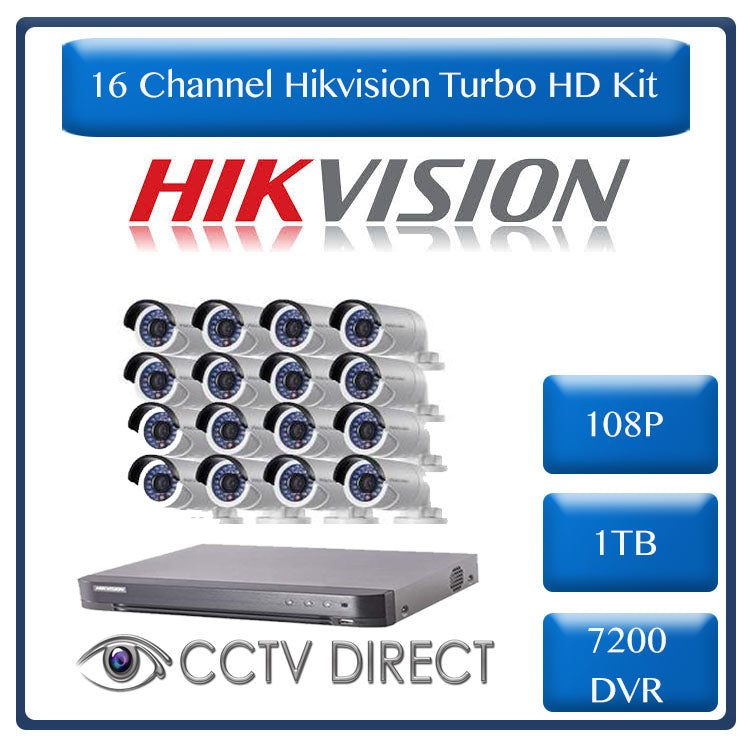 HikVision 16 Ch Turbo HD Kit - 7200 Series DVR up to 4MP - 16 x HD1080P Camera - 20M Night vision - 1TB HD - 100m Cable