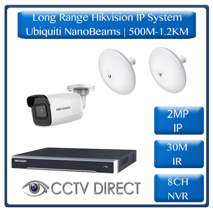 Hikvision 1 Camera IP long range kit, 500m-1.2KM, 8ch NVR, Ubiquity Litebeams Gen2, 30m Night vision
