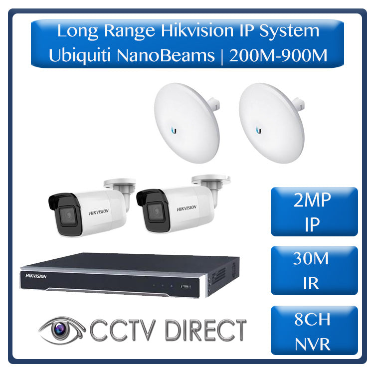 Hikvision 2 Camera IP long range kit, 200-900m, 8ch NVR, Ubiquity Nanobeams, 30m Night vision