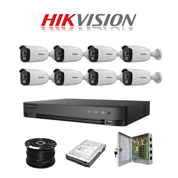 HikVision Acusense 8 Ch ColorVU HD Kit with Audio - HD DVR - 8 x HD1080P ColorVU Cameras - 40M Full Colour Night vision - 1TB HD - 100m Cable