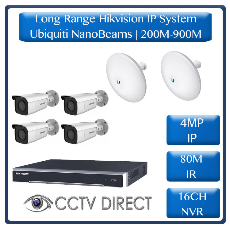Hikvision 4 Camera IP long range kit, 200-900m, 16ch NVR, Ubiquity Nanobeams, 80m Night vision