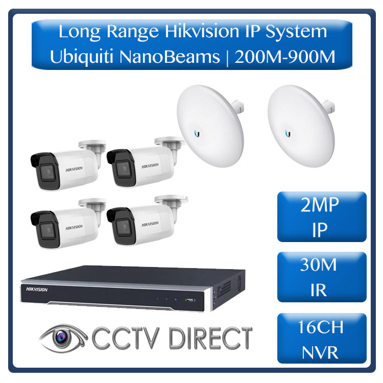 Hikvision 4 Camera IP long range kit, 200-900m, 16ch NVR, Ubiquity Nanobeams, 30m Night vision