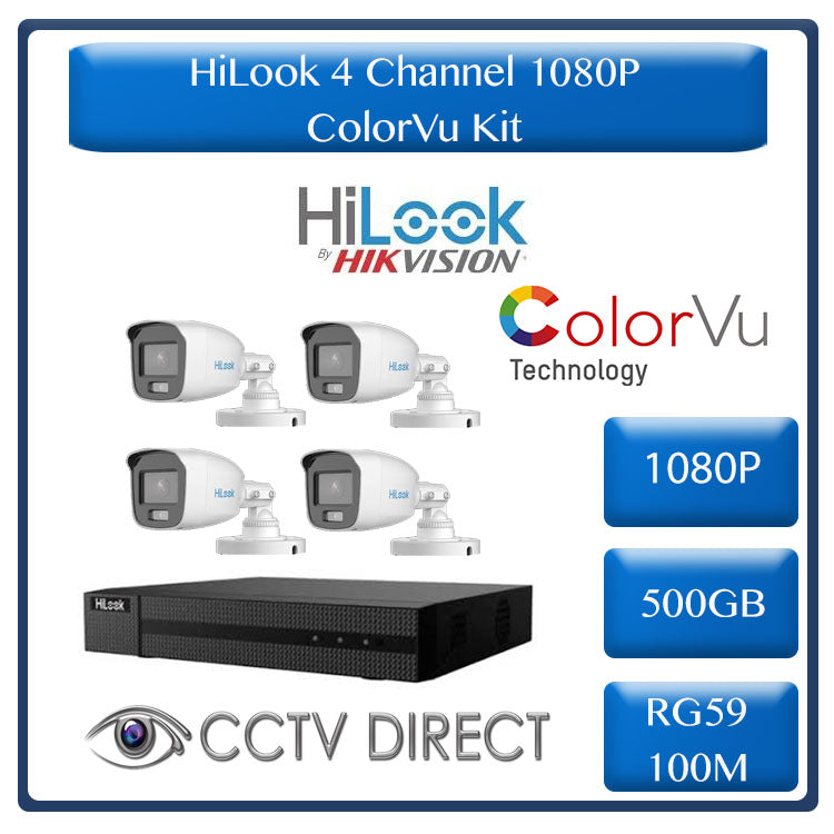 Colour Night vision - Hilook by Hikvision 4ch Turbo HD kit - 4 x 1080p ColorVu cameras - 20m Full colour night vision - 500GB HDD - 100m Cable