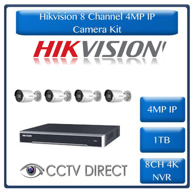 Hikvision 4MP IP camera kit - 8ch 4K NVR - 4 x 4MP AcuSense IP cameras - 1TB HDD - 100M cable - 40M Night vision