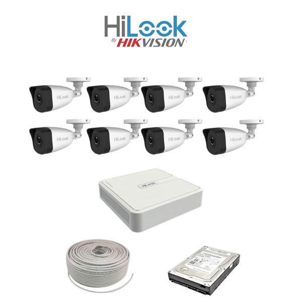 HiLook by Hikvision 2MP IP camera kit - 8ch NVR with 8 POE - 8 x 2MP IP cameras 30m IR - 2TB HDD - 200m Cat5 cable