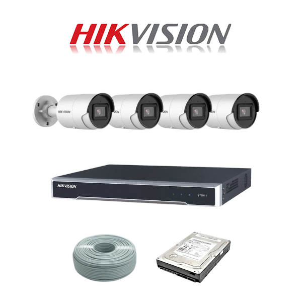 Hikvision 4MP IP camera kit - 8ch 4K NVR - 4 x 4MP AcuSense IP cameras - 1TB HDD - 100M cable - 40M Night vision