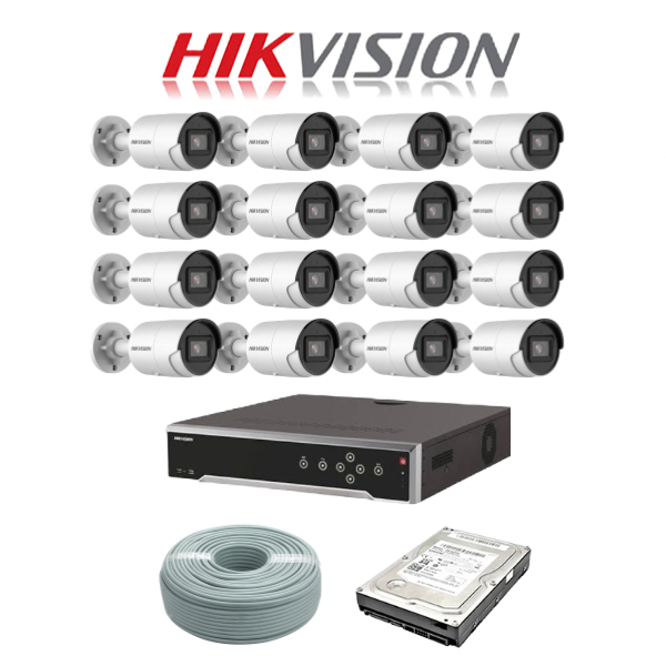 Hikvision 4MP IP camera kit, 32ch 4K AcuSense NVR with 16 POE, 16 x Hikvision 4MP AcuSense IP bullet cameras 40m IR, 6TB HDD, 300m cable