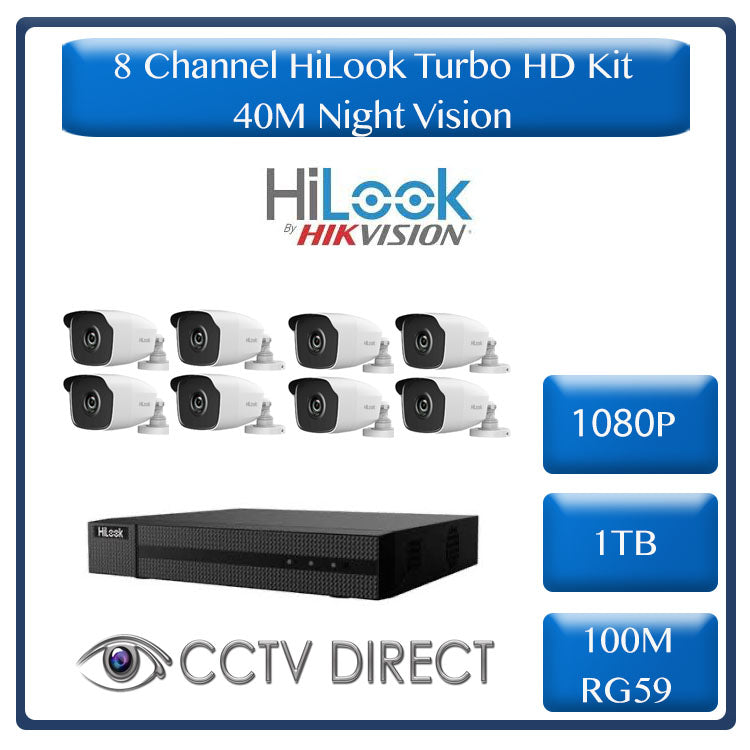 HiLook by HikVision 8 Ch Turbo HD Kit - HD DVR - 8 x HD1080P Cameras - 40M Night vision - 1TB HD - 100m Cable