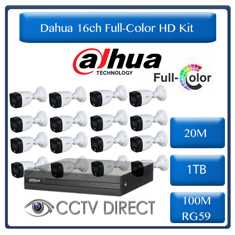 Dahua 16ch Full-Color HD Kit - HD DVR _ 16 x 1080p Full-Color cameras - 20m Full colour night vision - 1TB HDD - 100m Cable