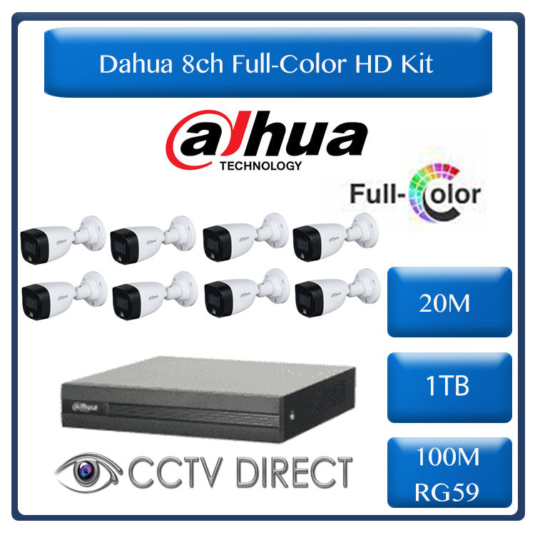 Dahua 8ch Full-Color HD Kit - HD DVR _ 8 x 1080p Full-Color cameras - 20m Full colour night vision - 1TB HDD - 100m Cable