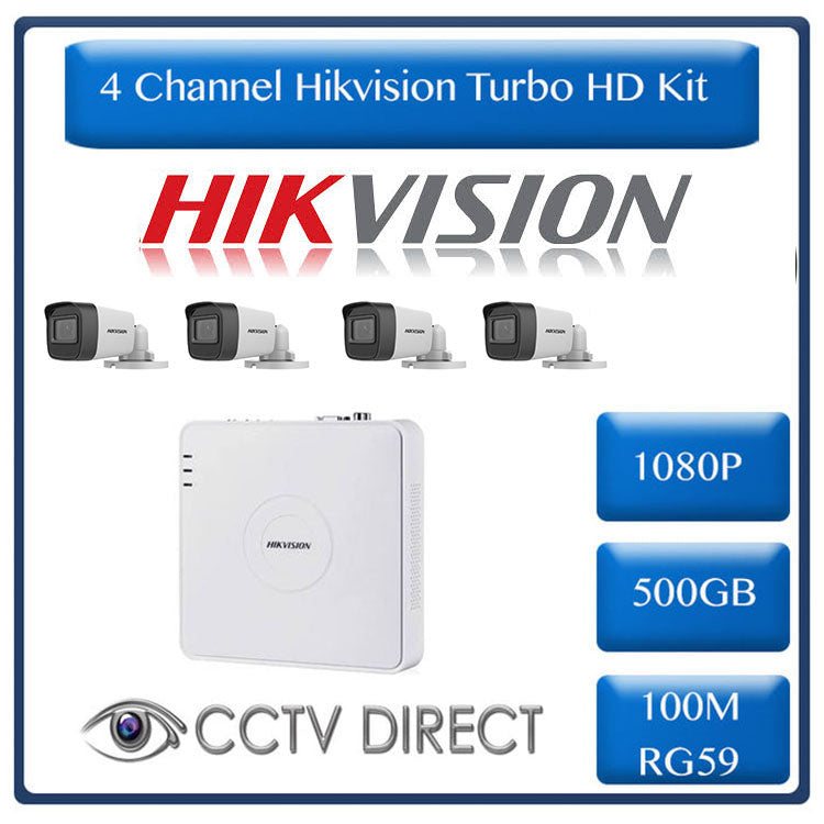 HikVision 4 Ch Turbo HD Kit - Embedded DVR - 4 x HD1080P Camera - 20M Night vision - 500GB HD - 100m Cable
