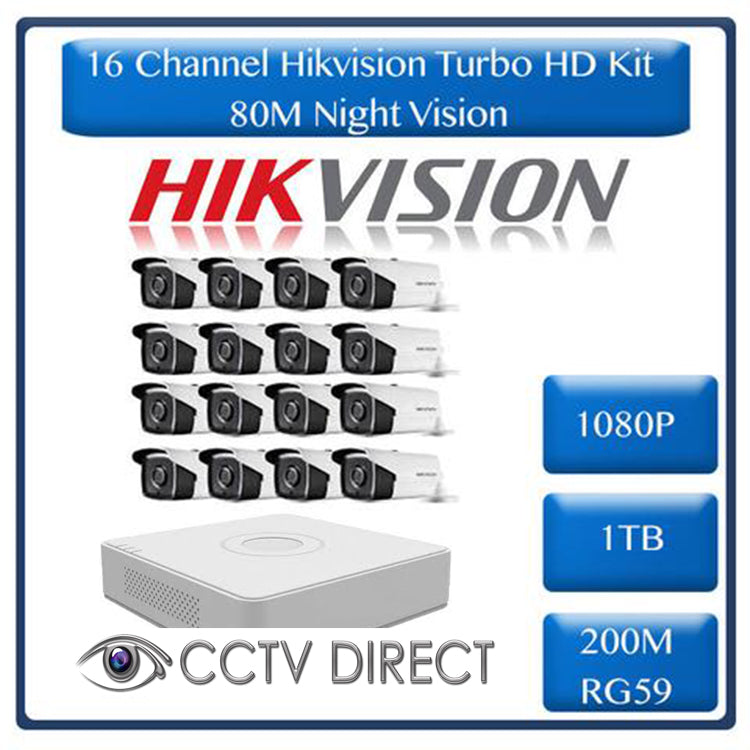 HikVision 16 Ch Turbo HD Kit - Embedded DVR - 16 x HD1080P Camera - 80M Night vision - 2TB HD - 200m Cable