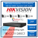 HikVision Acusense 4 Ch Colorvu HD Kit with Audio- HD DVR - 4 x HD1080P ColorVU Cameras - 40M Full Colour Night vision - 500GB HD - 100m Cable