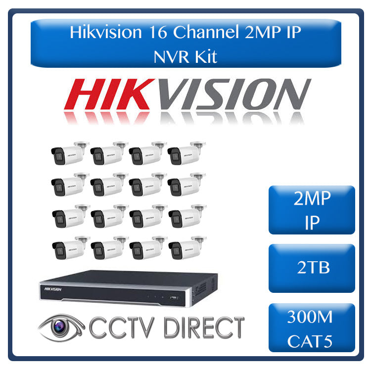 Hikvision 2MP IP camera kit, 16ch NVR with 16 POE, 16 x Hikvision 2MP IP bullet cameras 30m IR, 2TB HDD, 300m cable